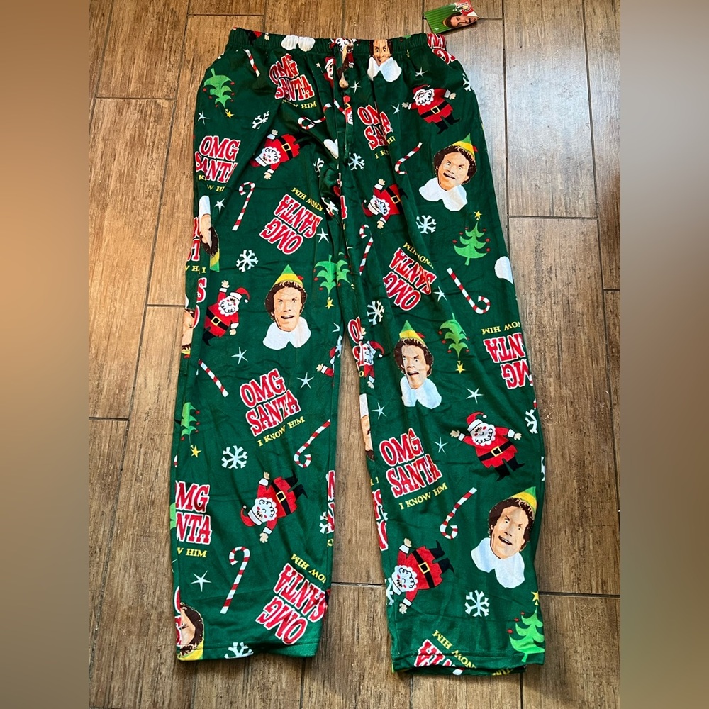 ELF Men’s Green Holiday Joggers with Santa Print UNISEX. NWT